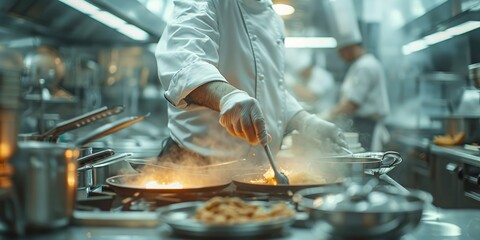 Chefs Cooking in a Modern Professional Kitchen with Intense Focus and Precision