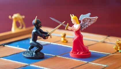 uma estatueta de demônio e uma estatueta de anjo lutando com espadas, 3d isométrico, enquadrado ao modo de um tabuleiro de RPG