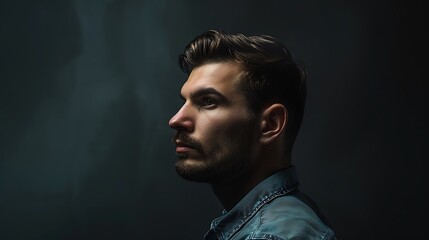 Portrait side view of a man on the dark background. Photo studio lighting concept.
