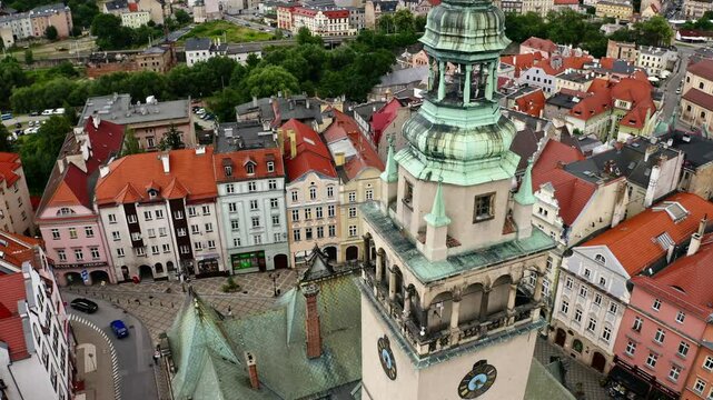 Aerial View Of Historic Town Hall Tower Clock In Klodzko, Poland.