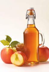 A cider bottle with a glass next to it, accompanied by two apples, set on a white background in the bright midday sun. Ultra-detailed and clear.