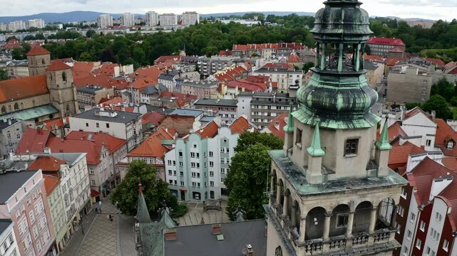 Clock Tower Of Klodzko Historic Town In Lower Silesian Voivodeship, South-western Poland. Aerial Shot