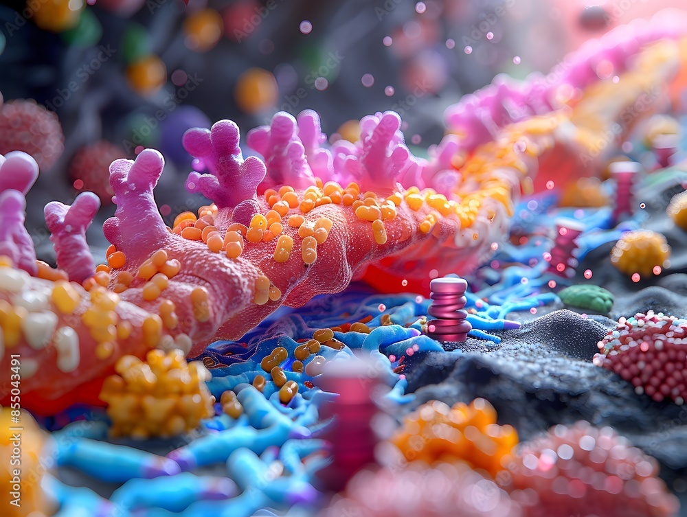 Poster captivating of the intricate microbiome revealed through hyper detailed 3d rendering