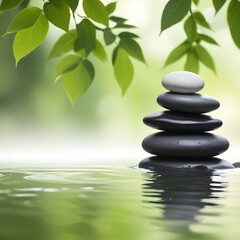 Stacked gray zen stones in water with green leaves and blurred background