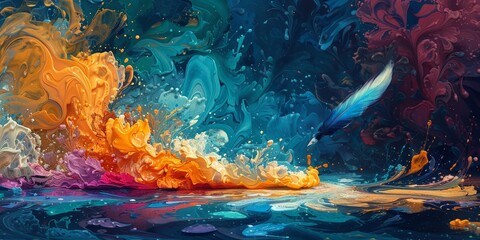 Vibrant Fluid Art with Feather amidst Swirling Colors: An Abstract Digital Painting