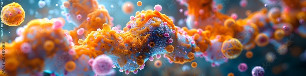 Poster vibrant of the intricate microbial world cellular structures and complex biological networks