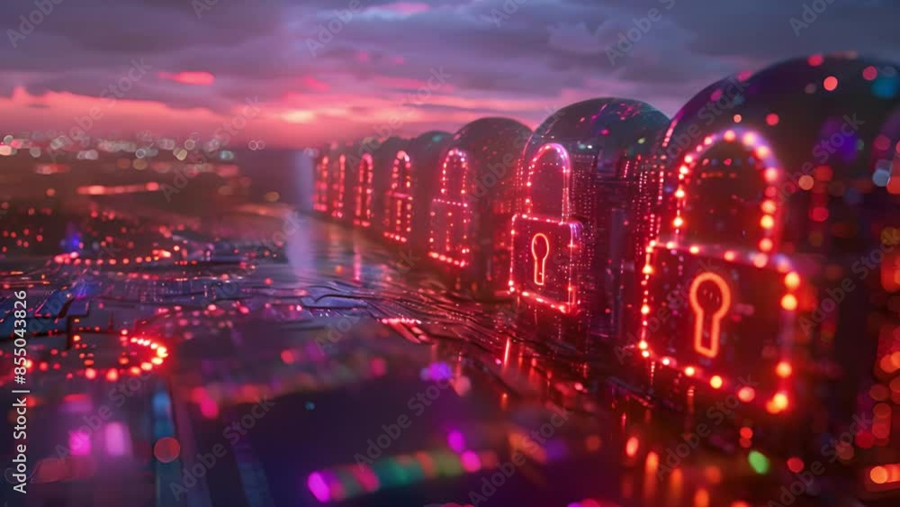 Aufkleber a row of glowing red lock icons are displayed on a circuit board. the icons are illuminated by a red