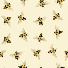 Cute bees. Seamless vector illustration on a light beige background.