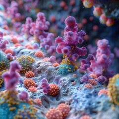 Intricate 3D Rendered Skin Microbiome Ecosystem with Vibrant Microbial Colonies and Microscopic