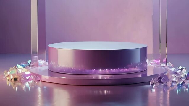 Empty stage, cylinder podium on soft lilac background with rainbow crystal light refraction sparkles on minimal background, Pedestal for cosmetic product and packaging mock ups display presentation