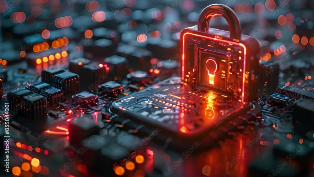 Poster a glowing red padlock with a keyhole rests on a circuit board, representing digital security and dat