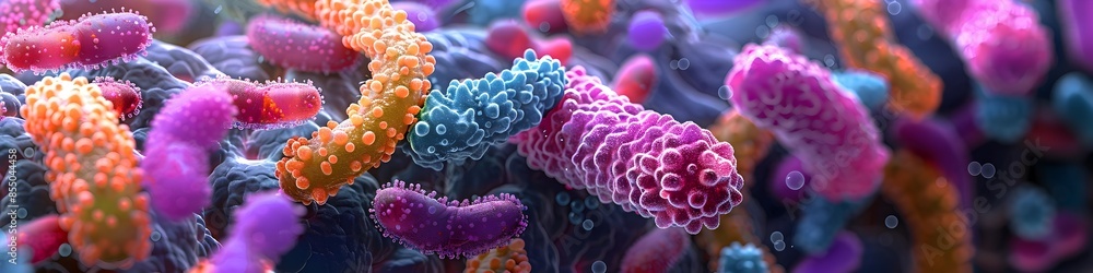 Poster unveiling the vibrant gut microbiome an intricate network of colorful microbial structures