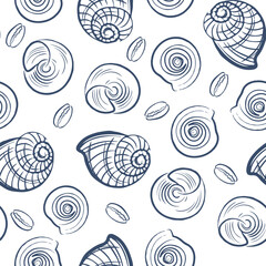 Seamless seashell pattern on white background.
