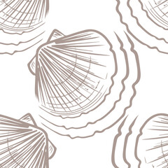 Seamless seashell pattern on white background.