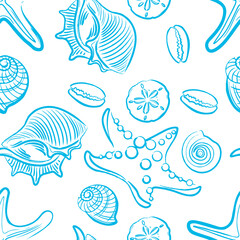 Seamless seashell pattern on white background.