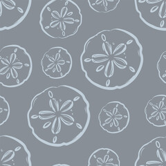 Seamless seashell pattern on grey background.