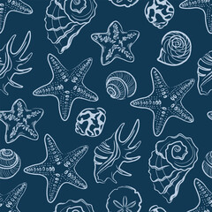 Seamless seashell pattern on dark blue background.