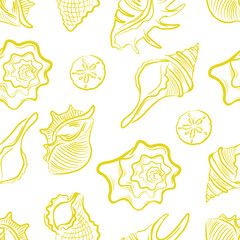 Seamless yellow seashell pattern on dark blue background.