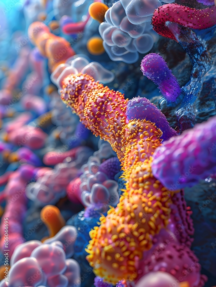 Poster unveiling the intricate gut microbiome comprehensive view of colorful microbial patterns and