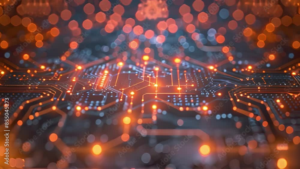 Aufkleber a close-up shot of a circuit board with glowing orange lights. the intricate network of pathways is 