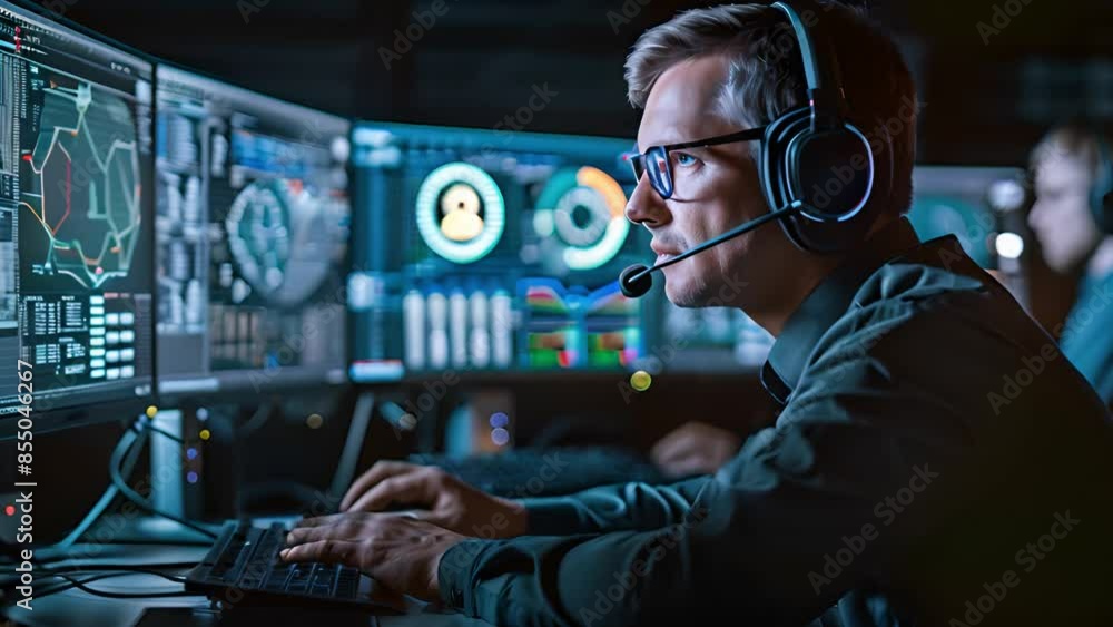 Poster a man wearing a headset sits in a dark room in front of multiple computer monitors displaying data a