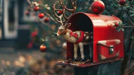 Festive Santa and Reindeer Themed Christmas Letter in Mailbox with Copy Space