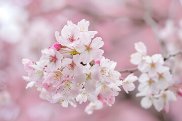 Delicate pink cherry blossoms bloom on a tree branch in spring  against a blurred pink background,beauty nature of cherry blossoms in spring. 