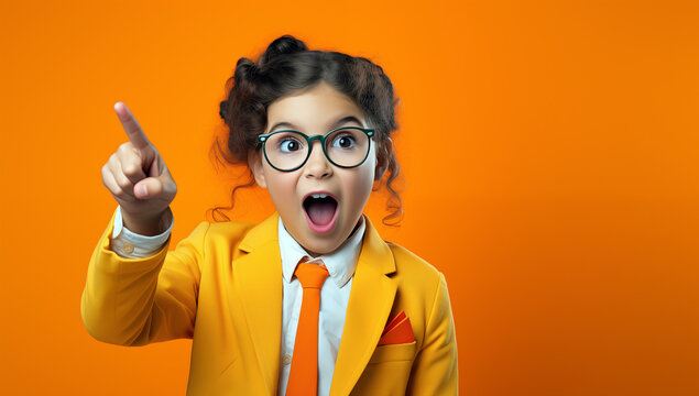 Une jeune fille avec des lunettes et un costume, le doigt lev&eacute;, l'air surpris, sur un fond isol&eacute; de couleur orange dans le style d'une photographie publicitaire, image avec espace pour texte.