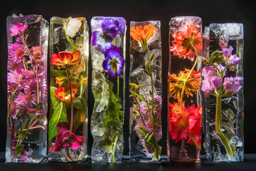 Fototapeta premium Several Translucent Ice Blocks with Colorful Flowers Inside