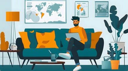 A man is sitting at a desk with a computer monitor in front of him. The monitor displays a map of the world. The man is focused on his work, possibly analyzing data or working on a project