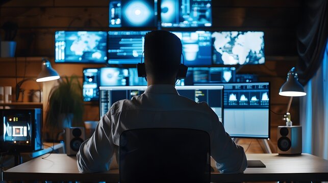 A man is sitting in front of a computer monitor with a map on it. He is looking at the screen intently