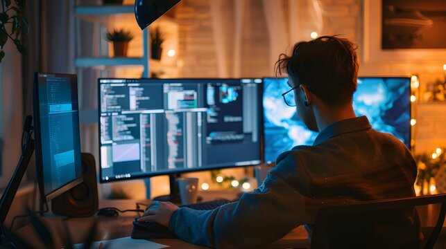 A man is sitting in front of a computer monitor with a map on it. He is looking at the screen intently