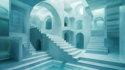 Obraz premium Abstract architectural design with a central pool and white staircases leading to open arches and windows. Light streams through the structure.
