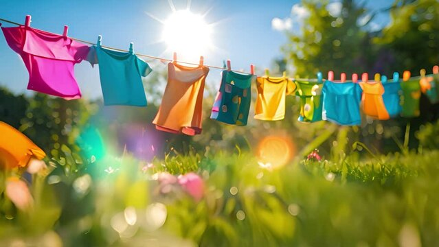 Colorful children's clothes hanging on a clothesline in a sunny garden.
