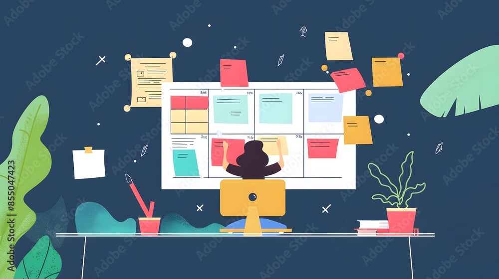 Poster one person is sitting at a table with a laptop and a potted plant. he was working on a project and d