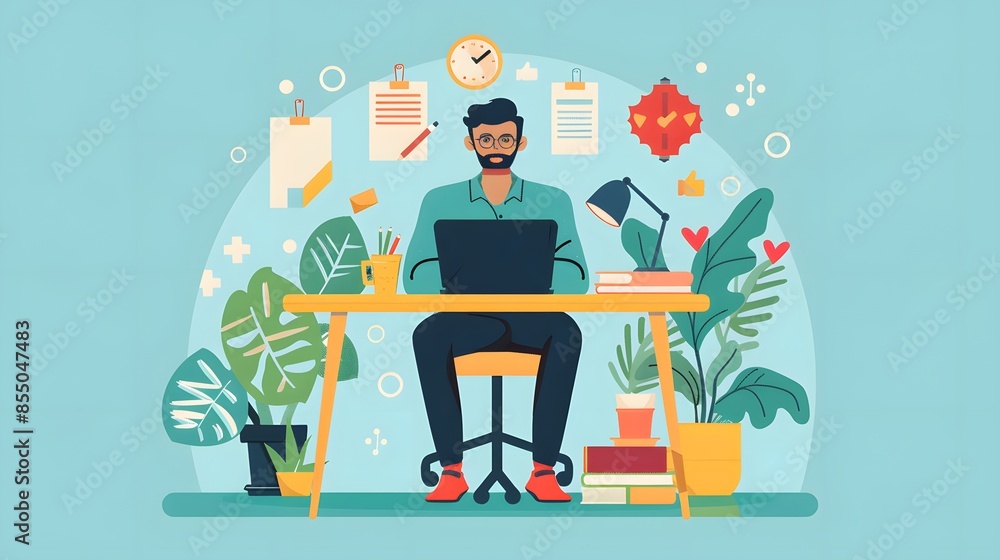 Poster a man is sitting at a desk with a computer monitor and a keyboard. she is wearing a red shirt and is