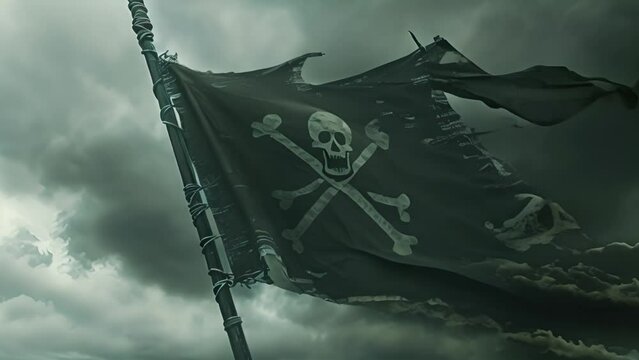 Pirate flag with skull and crossbones blowing in the wind.