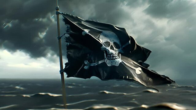 Pirate flag with skull and crossbones blowing in the wind.