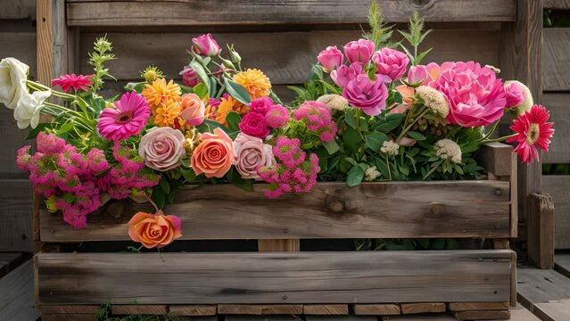 Wooden crates filled with colorful flowers including roses, daisies, and tulips.