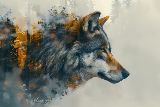 Stunning high-definition artwork of a wolf head set against a serene landscape, perfect as a desktop wallpaper or background. The details and colors capture the majesty of this wild animal.