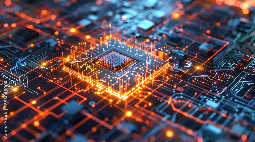 Poster a computer chip is lit up with orange lights. the chip is surrounded by other electronic components.