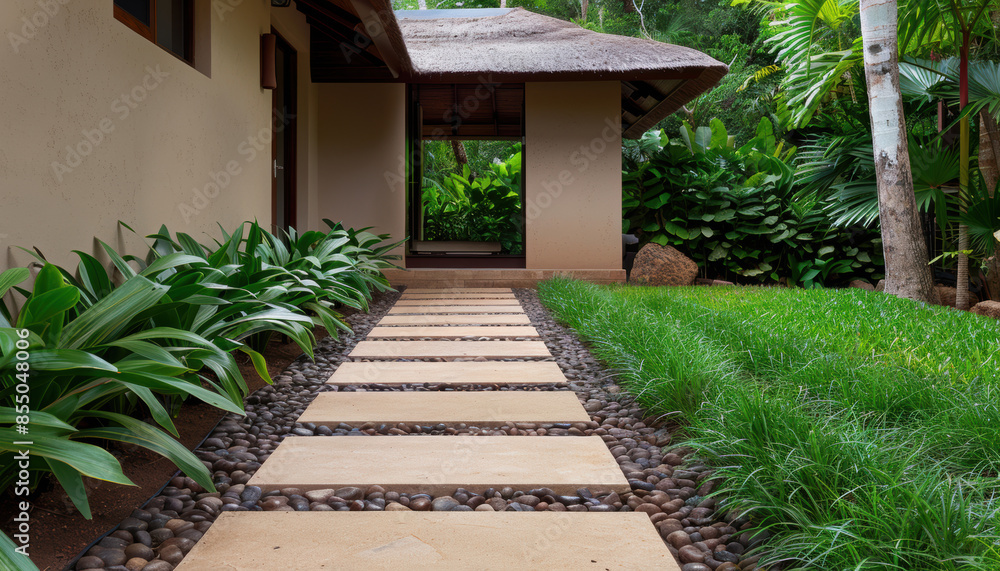 Poster a path with a house in the background