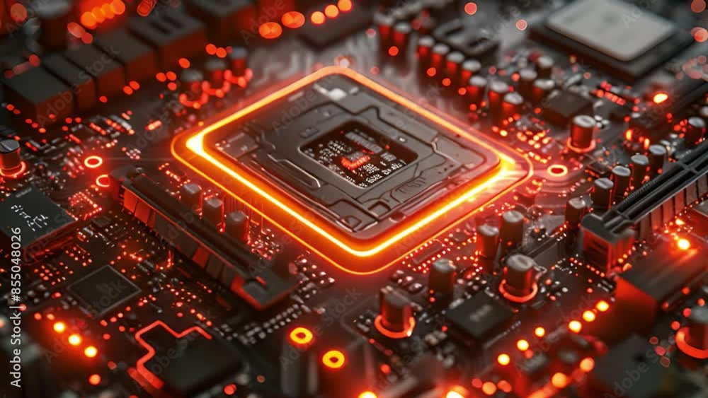 Poster a close-up shot of a computer motherboard with a glowing cpu in the center. the red and orange light