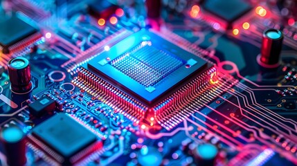 Obraz premium A computer chip is shown in a bright, colorful light. The chip is surrounded by a blue and red background