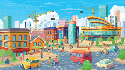 Panorama city building houses with hotel, bank, cafe, mall. Big city with people and cars.  People walking, eating on a cafe, drinking, walking dogs, cycling, riding a scooter, singing songs. Vector.