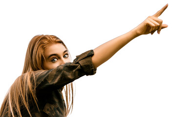 Young woman pointing to the side on transparent background