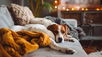Obraz premium A dog is laying on a couch with pillows. The dog is brown and has a relaxed expression