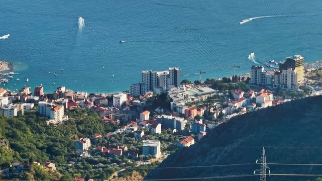 Aerial view of Bečići city from the mountains, sunny, summer day in Montenegro