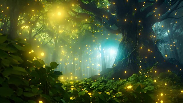 Magical forest with glowing fireflies and light beams.