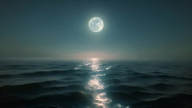 Full moon over a calm ocean at night with moonlight reflecting on the water.